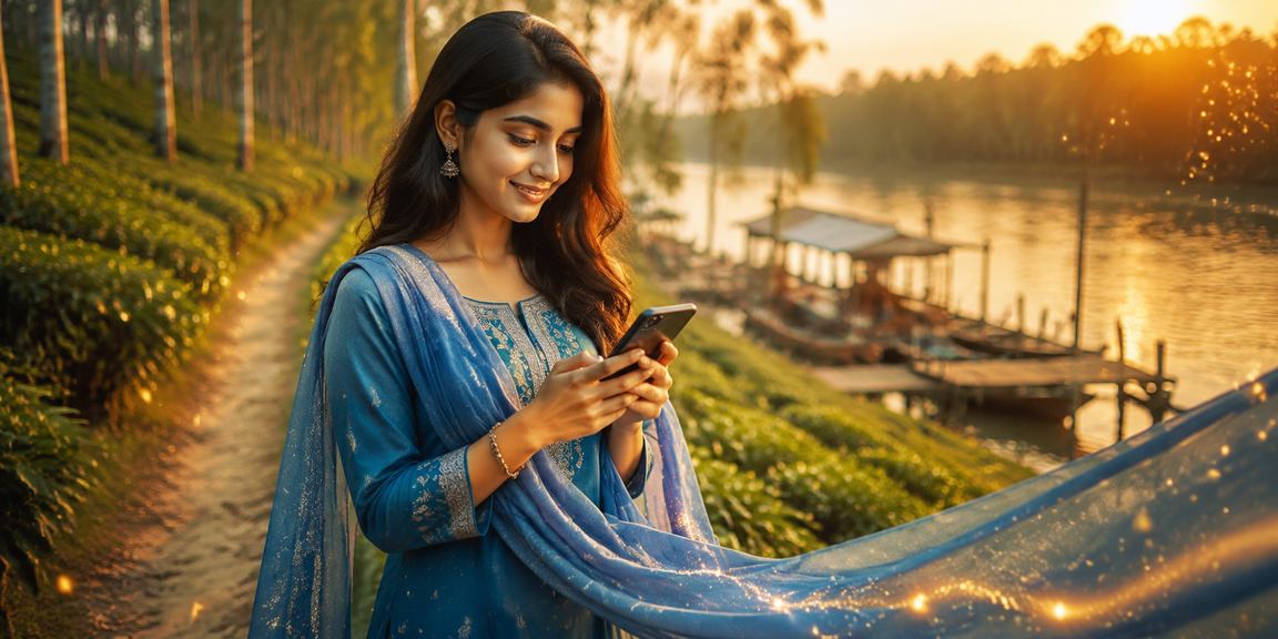 খুলনায় শাড়ি পরিহিত নারী মোবাইলে bg66 স্পোর্টস বেটিং করছেন